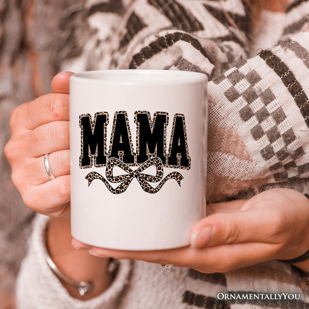 Coquette Leopard Mama Personalized Mug, Retro Bow Varsity Gift with Custom Name