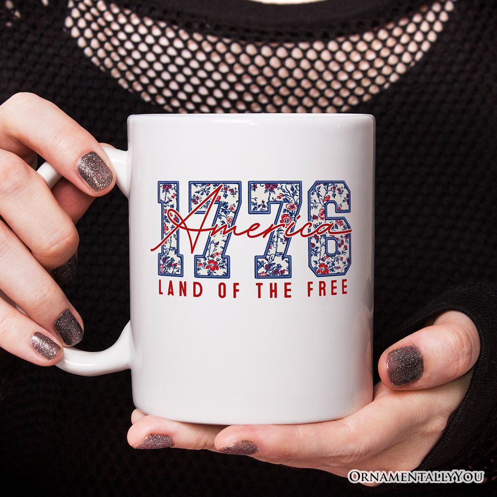 Retro America 1776 Floral Personalized Mug, Land of the Free Patriotic Gift with Custom Name