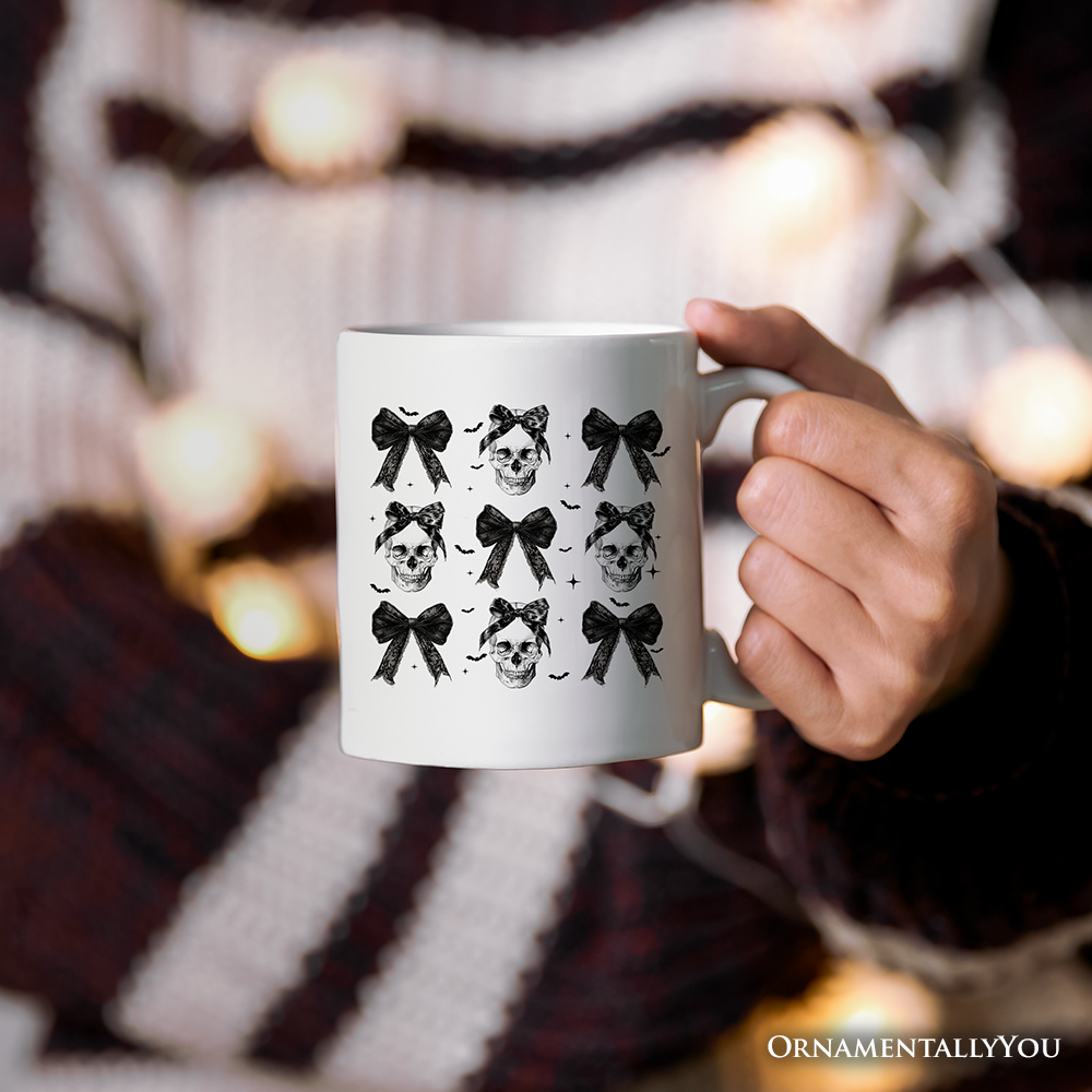 Coquette Skulls and Bows Personalized Mug, Gothic & Stylish Halloween Gift with Custom Name
