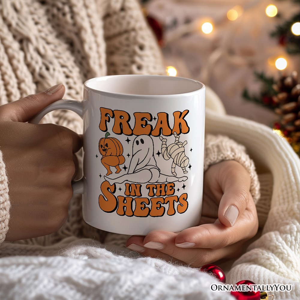Freak in the Sheets Ghost Personalized Mug, Naughty Halloween Gift with Custom Name