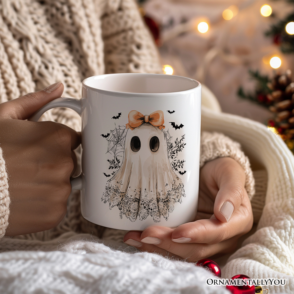 Coquette Ghost Personalized Mug, Cute Halloween Gift with Custom Name