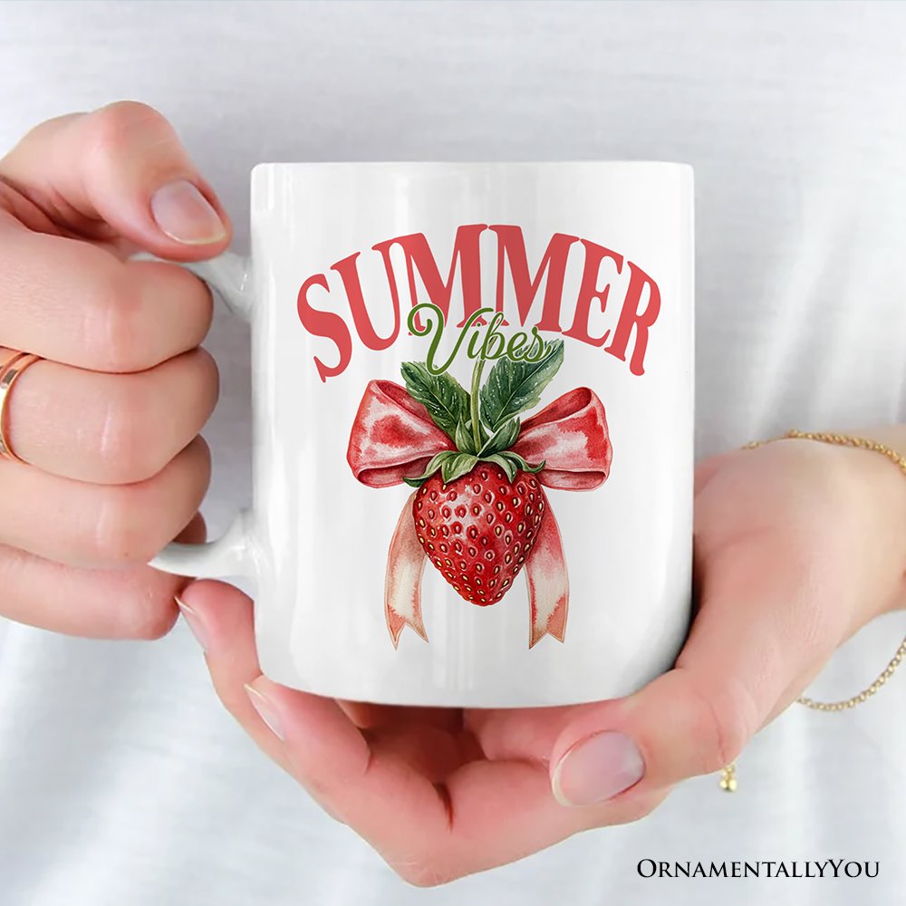 Summer Vibes Strawberry Personalized Mug, White, Seasonal Coquette Gift with Custom Name
