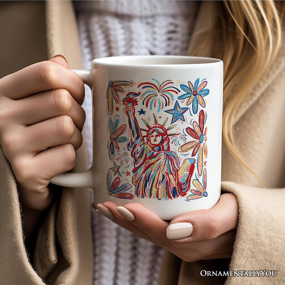 Patriotic Statue of Liberty and Fireworks Personalized Mug, Festive 4th of July Gift with Custom Name