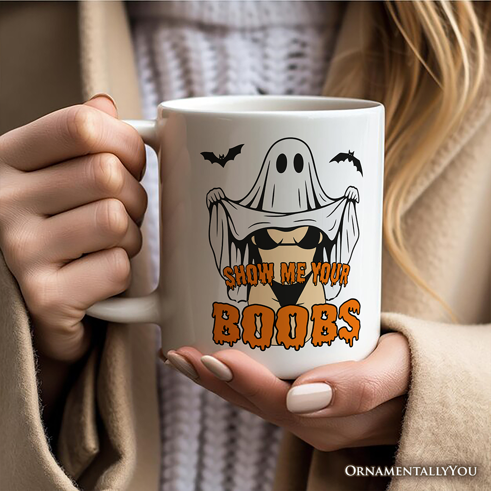 Show Me Your Boobs Halloween Personalized Mug, Funny Naughty Pun Ghost Gift with Custom Name