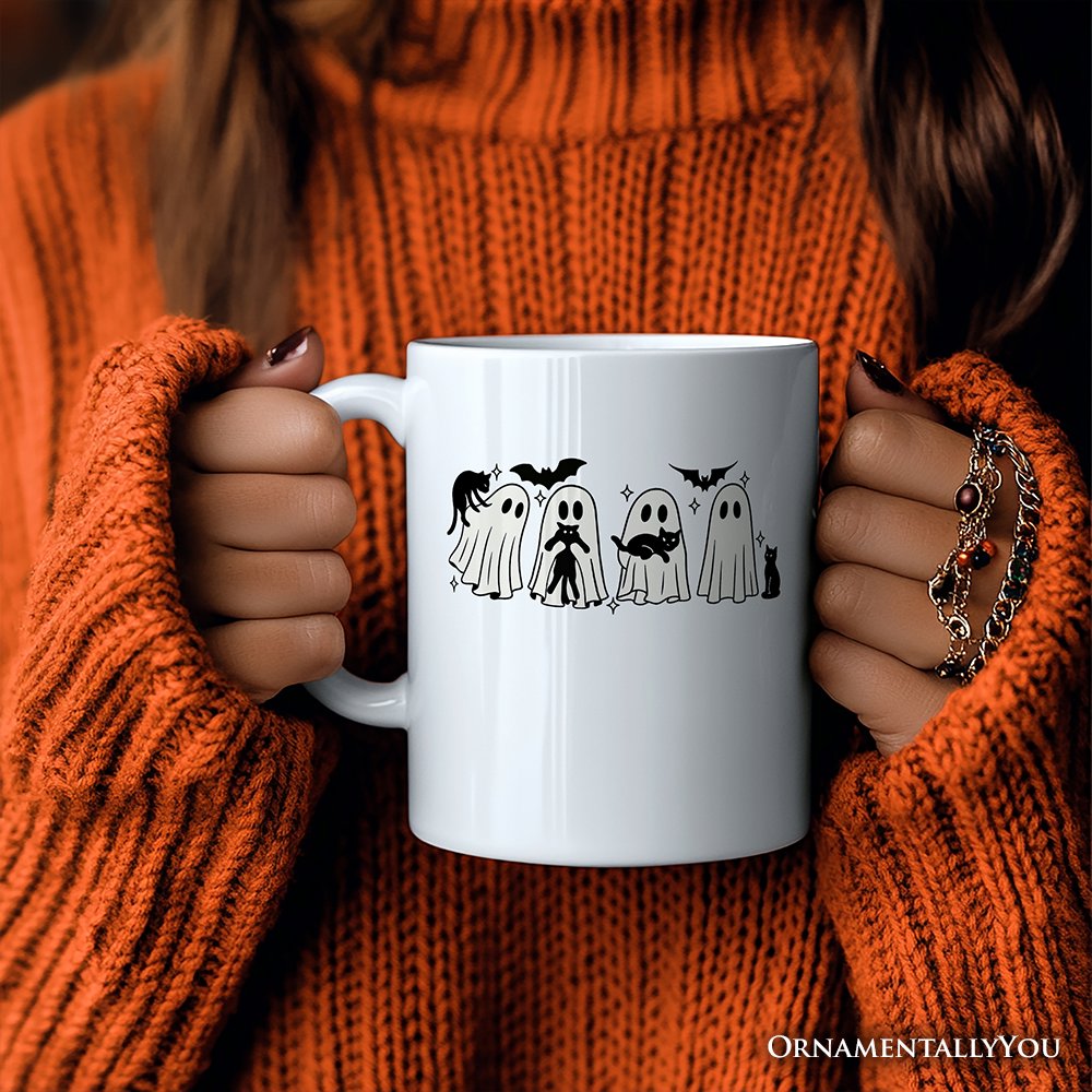 Ghosts and Cats Spooky Personalized Mug, Whimsical Halloween Gift with Custom Name