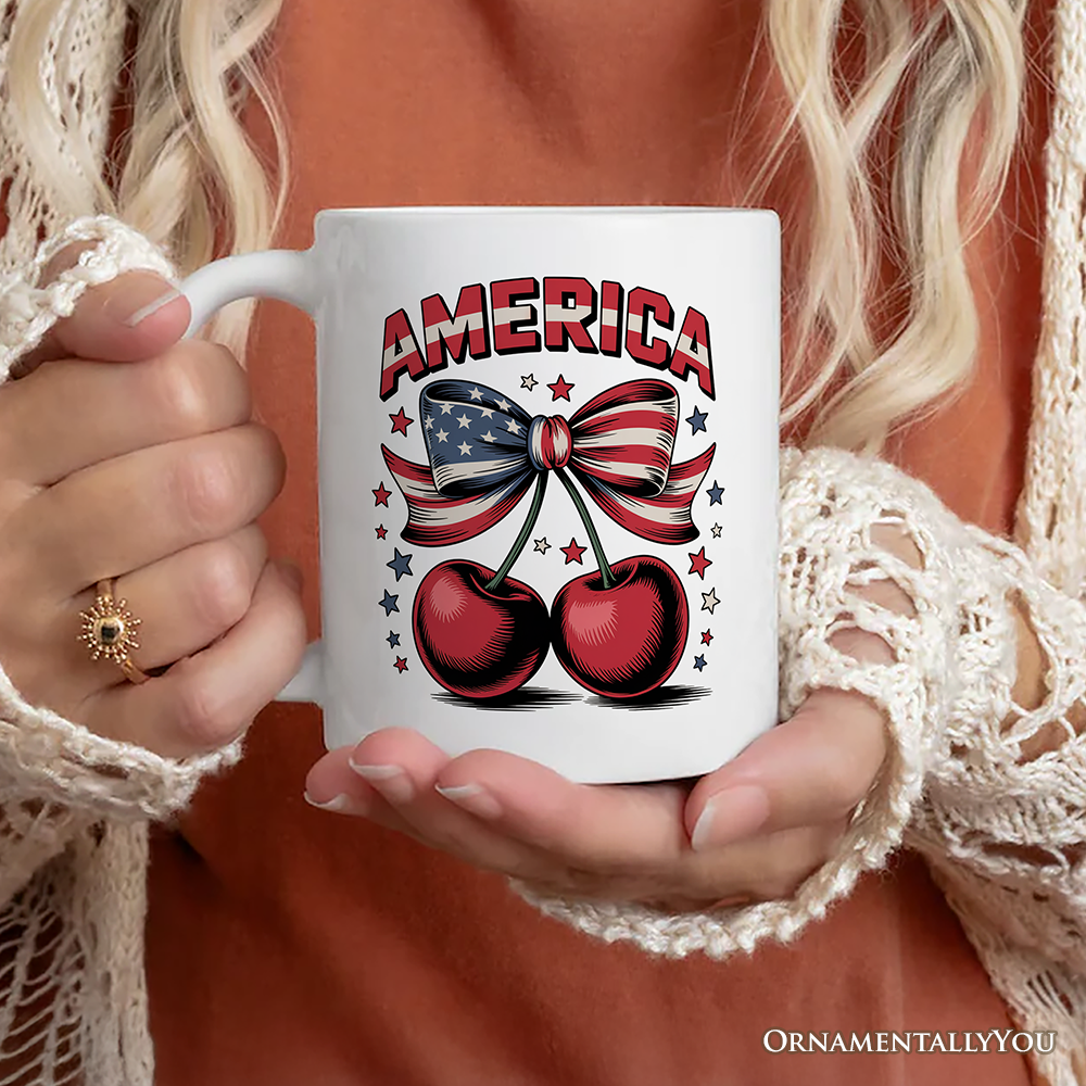 America Coquette Cherries Personalized Mug, Patriotic 4th of July Gift with Custom Name