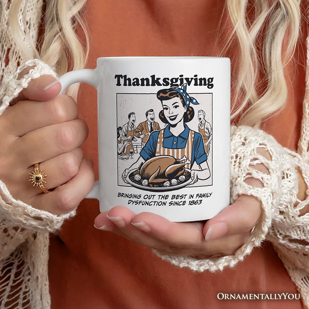 Thanksgiving Family Dysfunction Retro Personalized Mug, Funny Sarcastic Humor Gift with Custom Name