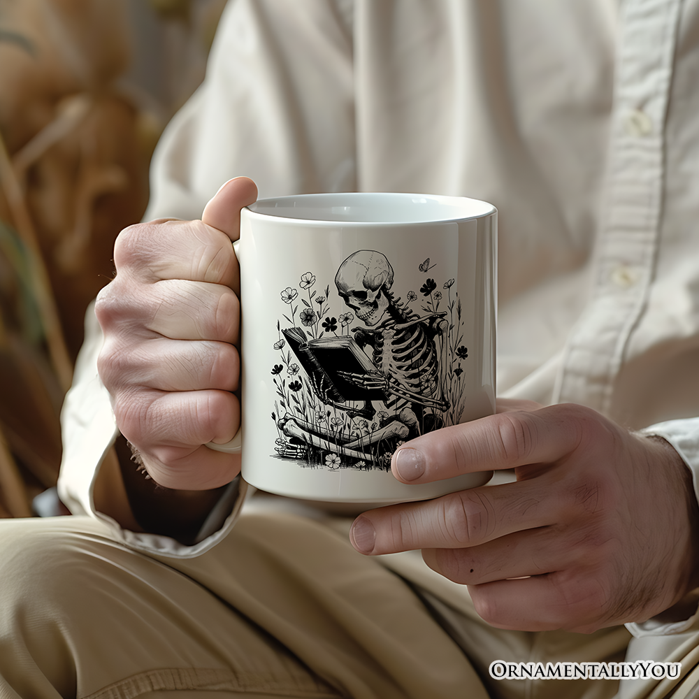 Gothic Reading Skeleton Personalized Mug, Floral Halloween Gift with Custom Name