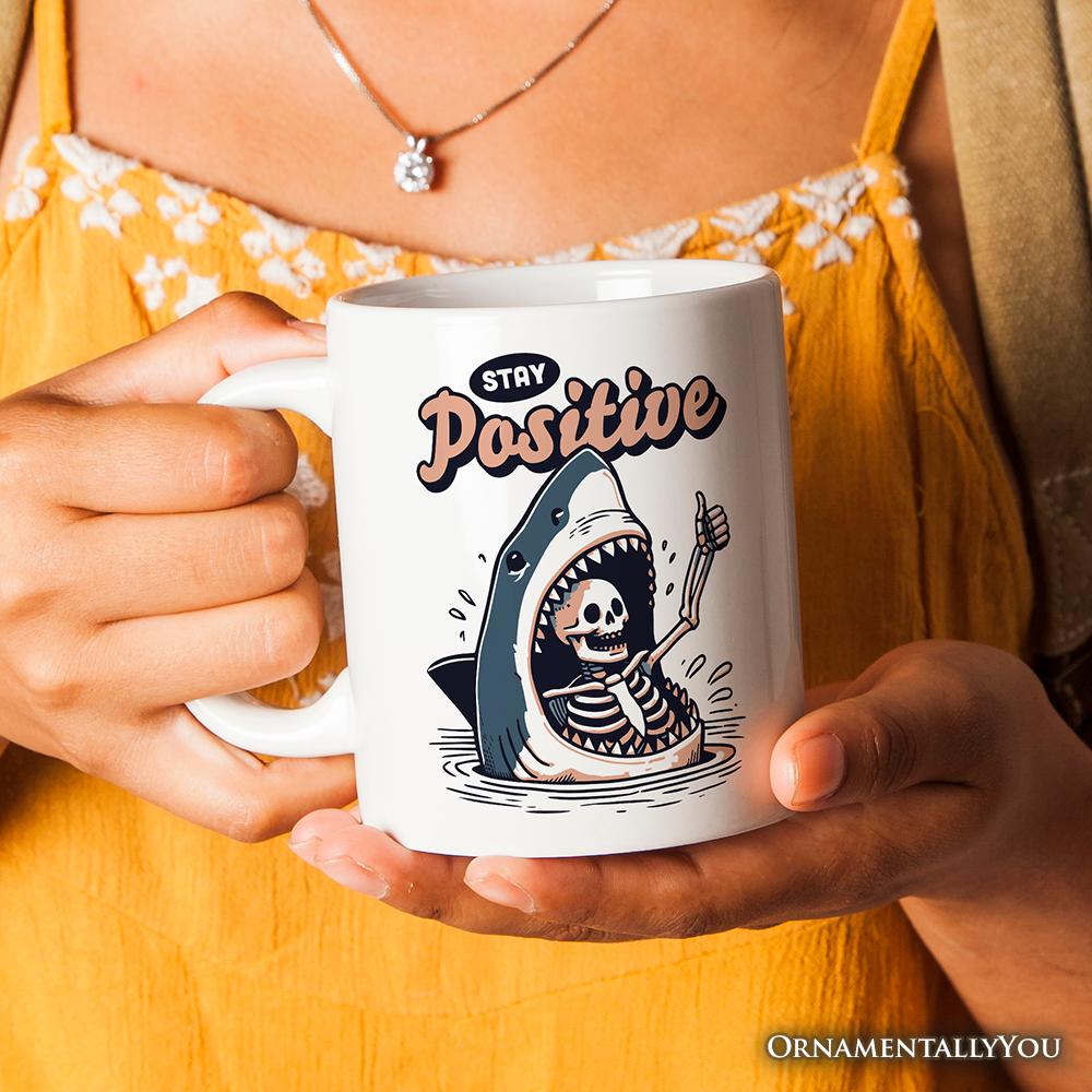 Stay Positive Funny Shark and Skeleton Personalized Mug, Mental Health Motivational Gift with Custom Name