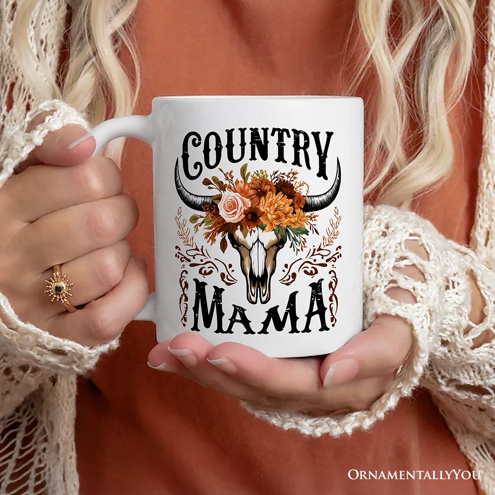 Country Mama Floral Vintage Mug, Western Buffalo Skull Gift for Moms