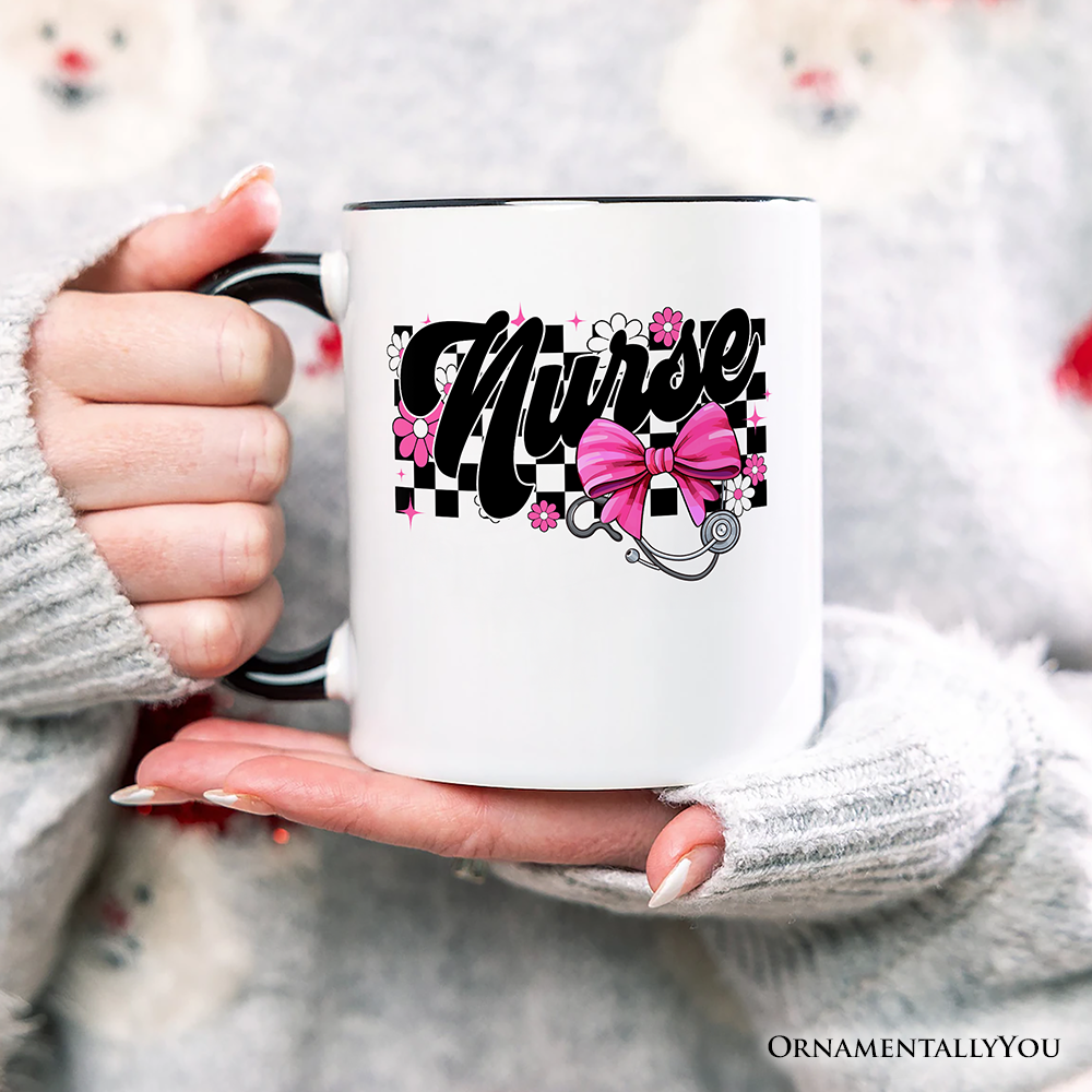 Nurse Floral Coquette Pink Bow Personalized Mug, Coquette Medical Worker Gift with Custom Name