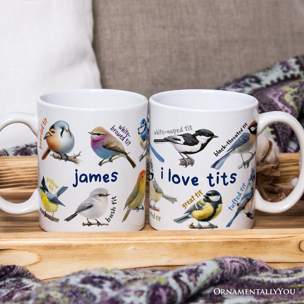 Whimsical Bird Tit Personalized Mug, Funny Birdwatcher Gift for Birder With Custom Name