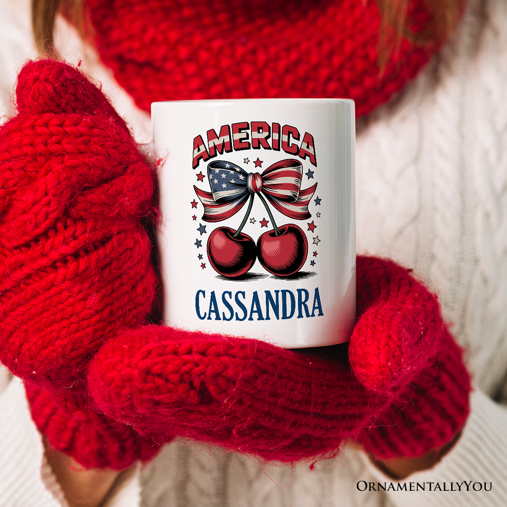 America Coquette Cherries Personalized Mug, Patriotic 4th of July Gift with Custom Name