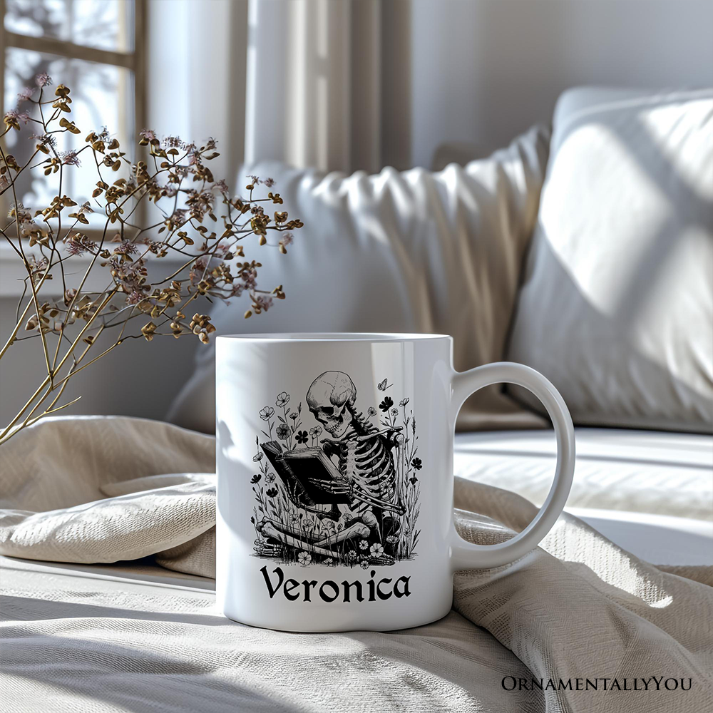 Gothic Reading Skeleton Personalized Mug, Floral Halloween Gift with Custom Name