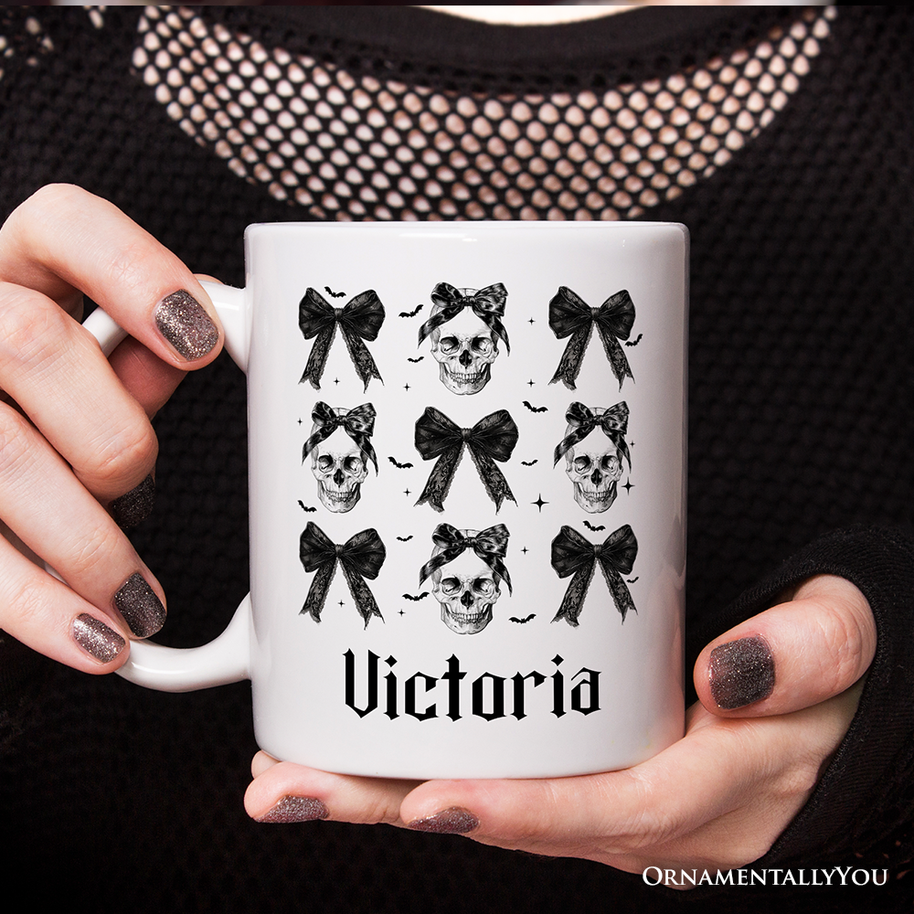 Coquette Skulls and Bows Personalized Mug, Gothic & Stylish Halloween Gift with Custom Name