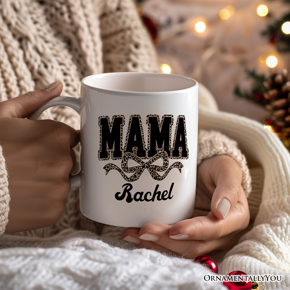 Coquette Leopard Mama Personalized Mug, Retro Bow Varsity Gift with Custom Name