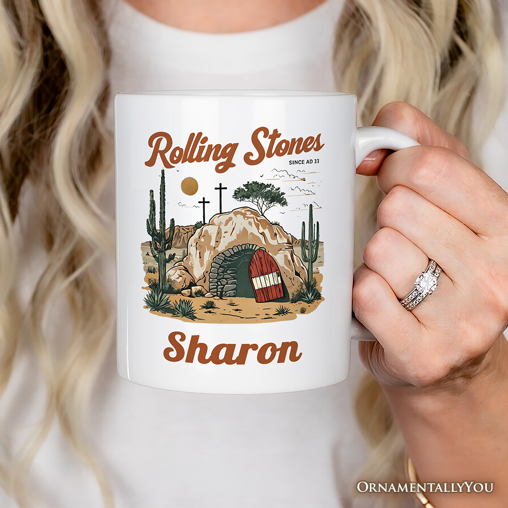 Rolling Stones Christian Personalized Mug, He is Risen Easter Gift with Custom Name