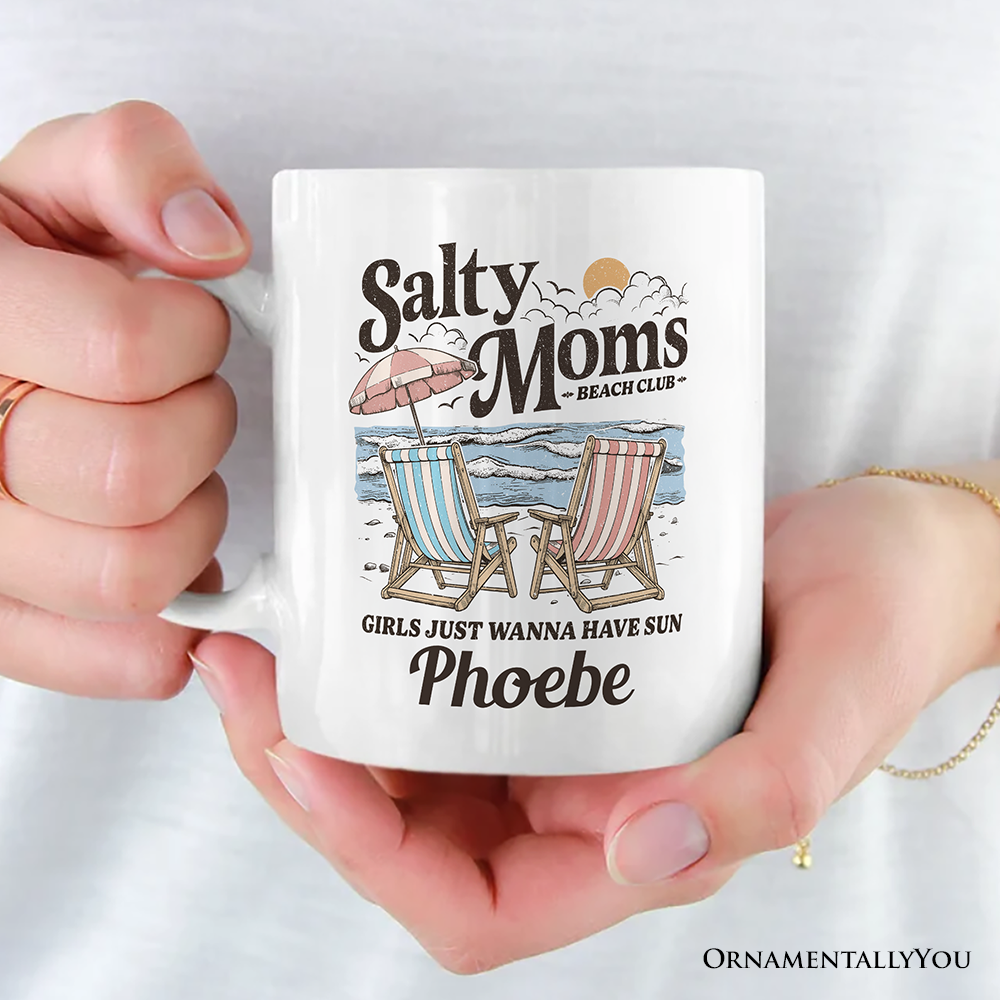 Salty Moms Beach Club Personalized Mug, Retro Summer Gift with Custom Name