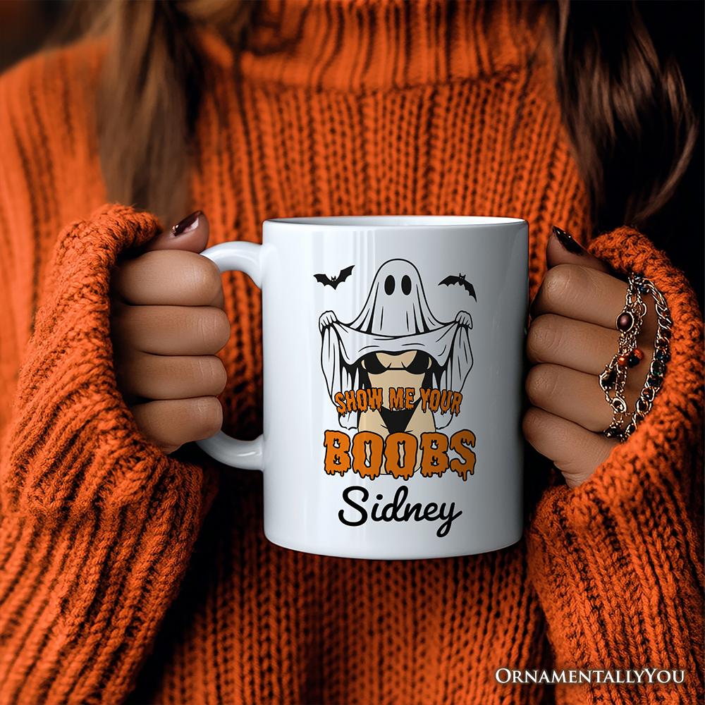 Show Me Your Boobs Halloween Personalized Mug, Funny Naughty Pun Ghost Gift with Custom Name