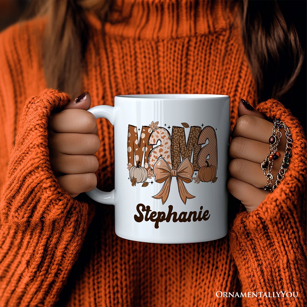 Mama Coquette Autumn Personalized Mug, Cozy Fall Pumpkins Gift for Mothers with Custom Name