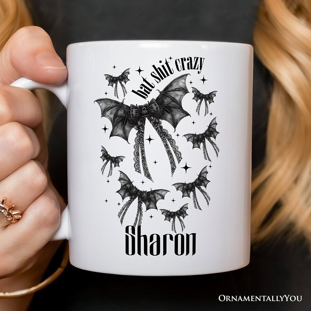 Bat Shit Crazy Coquette Bats Personalized Mug, Funny Halloween Gift with Custom Name