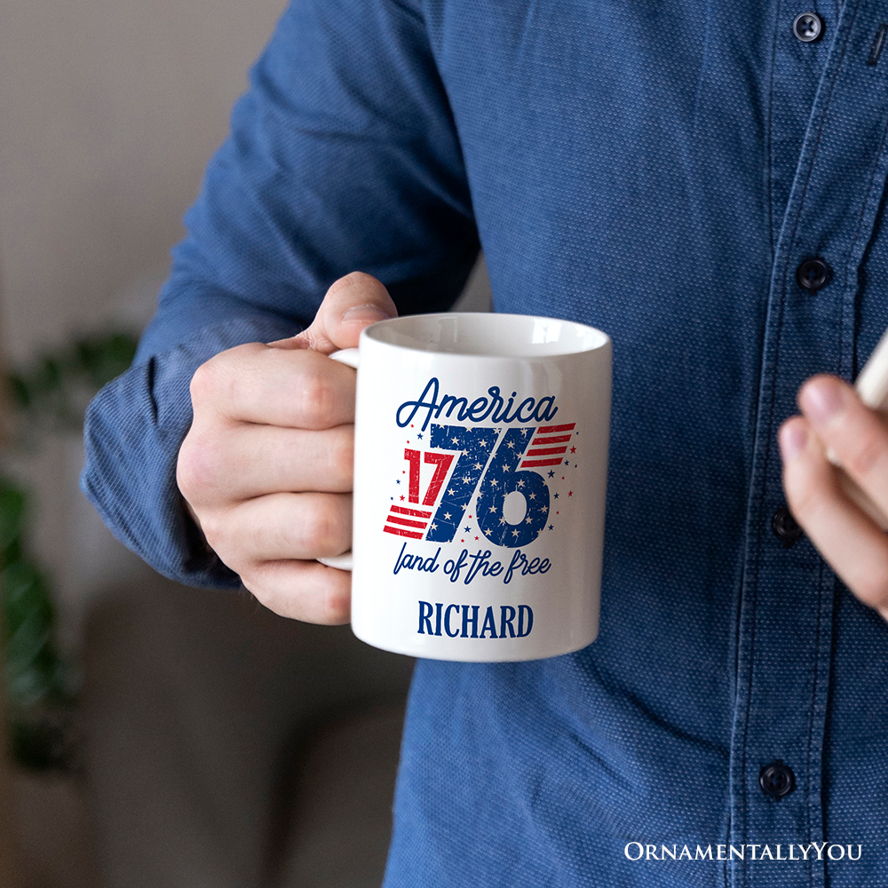 America 1776 Land of the Free Personalized Mug, Vintage 4th of July Gift with Custom Name