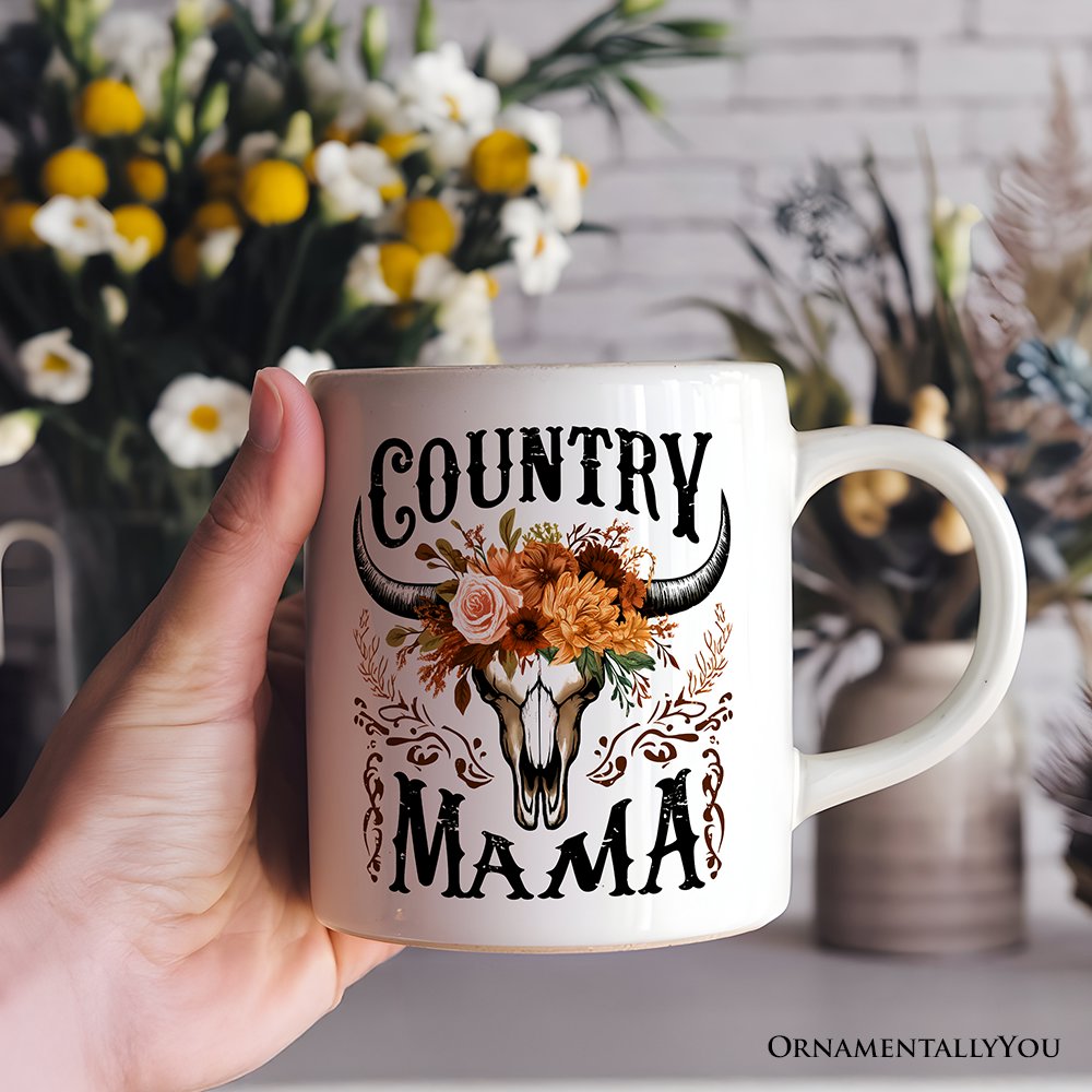 Country Mama Floral Vintage Mug, Western Buffalo Skull Gift for Moms