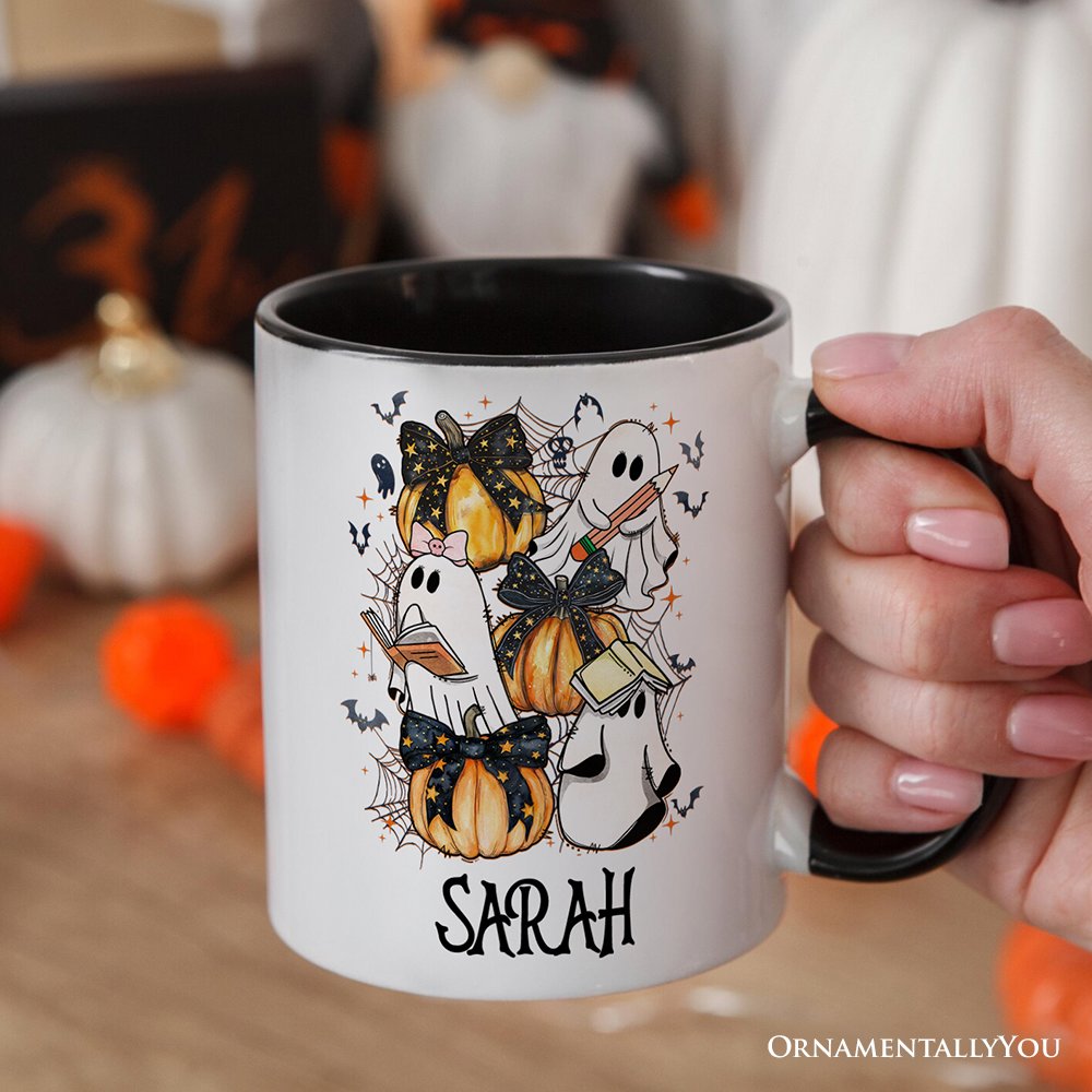 Cute Ghost Teacher Halloween Personalized Mug, Retro Boo Spooky School Gift with Custom Name