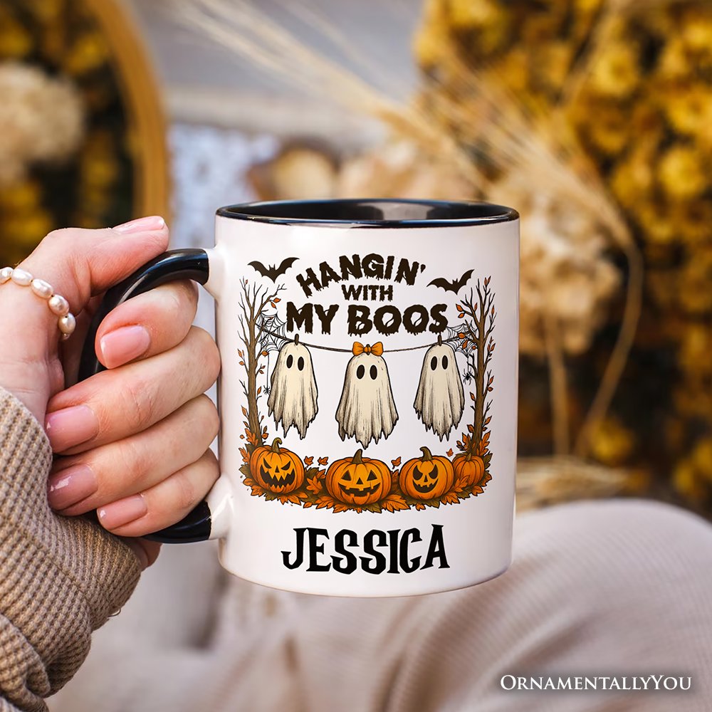 Hanging with My Boos Ghost Personalized Mug, Funny Halloween Spooky Season Gift with Custom Name