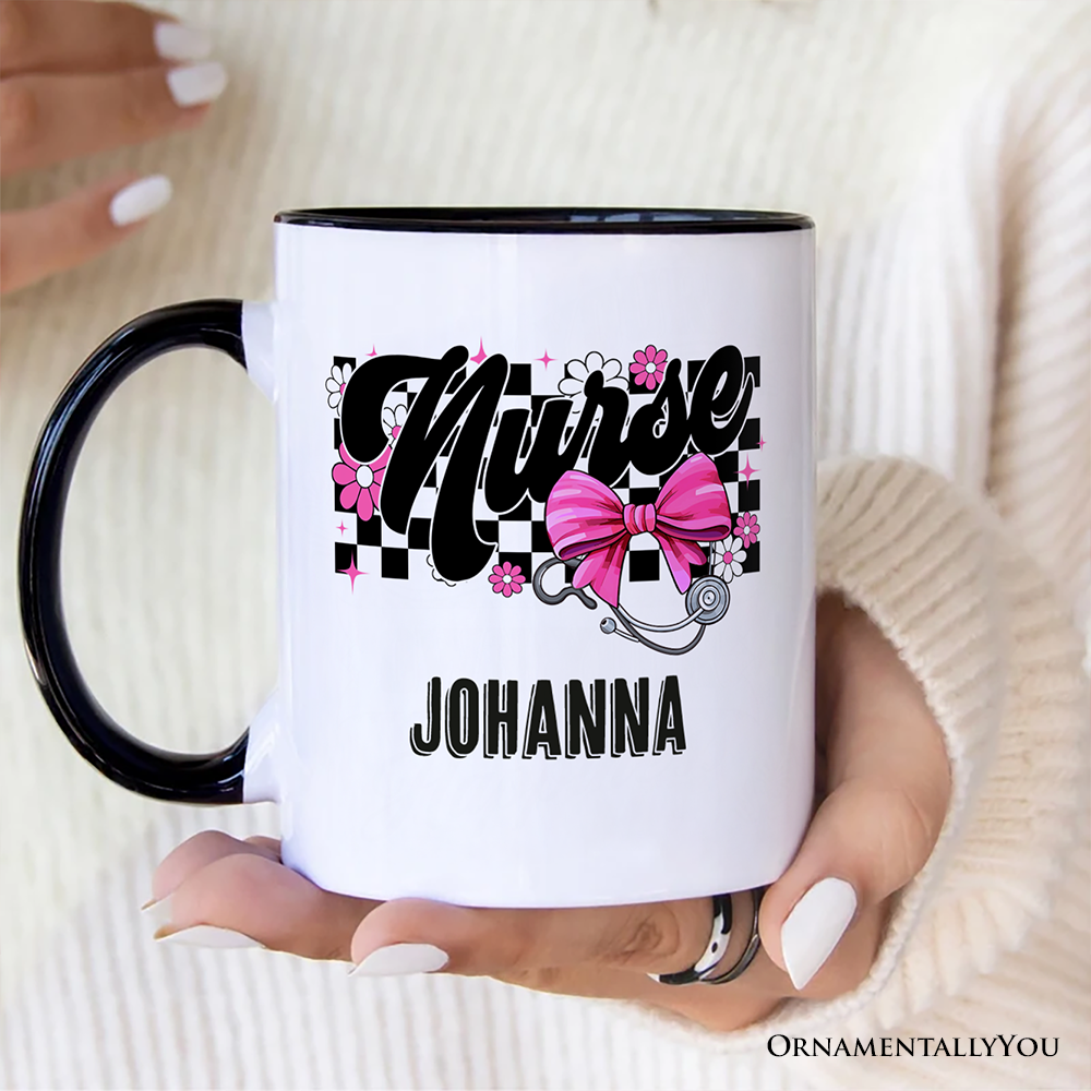Nurse Floral Coquette Pink Bow Personalized Mug, Coquette Medical Worker Gift with Custom Name