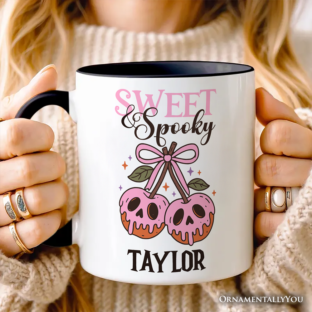 Sweet and Spooky Poison Cherries Halloween Personalized Mug, Coquette Skulls Gift with Custom Name