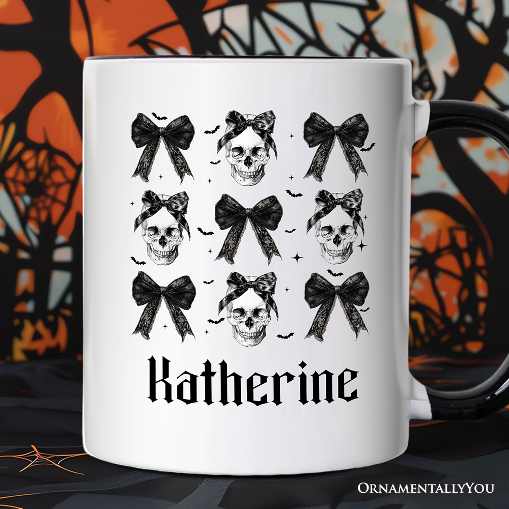 Coquette Skulls and Bows Personalized Mug, Gothic & Stylish Halloween Gift with Custom Name