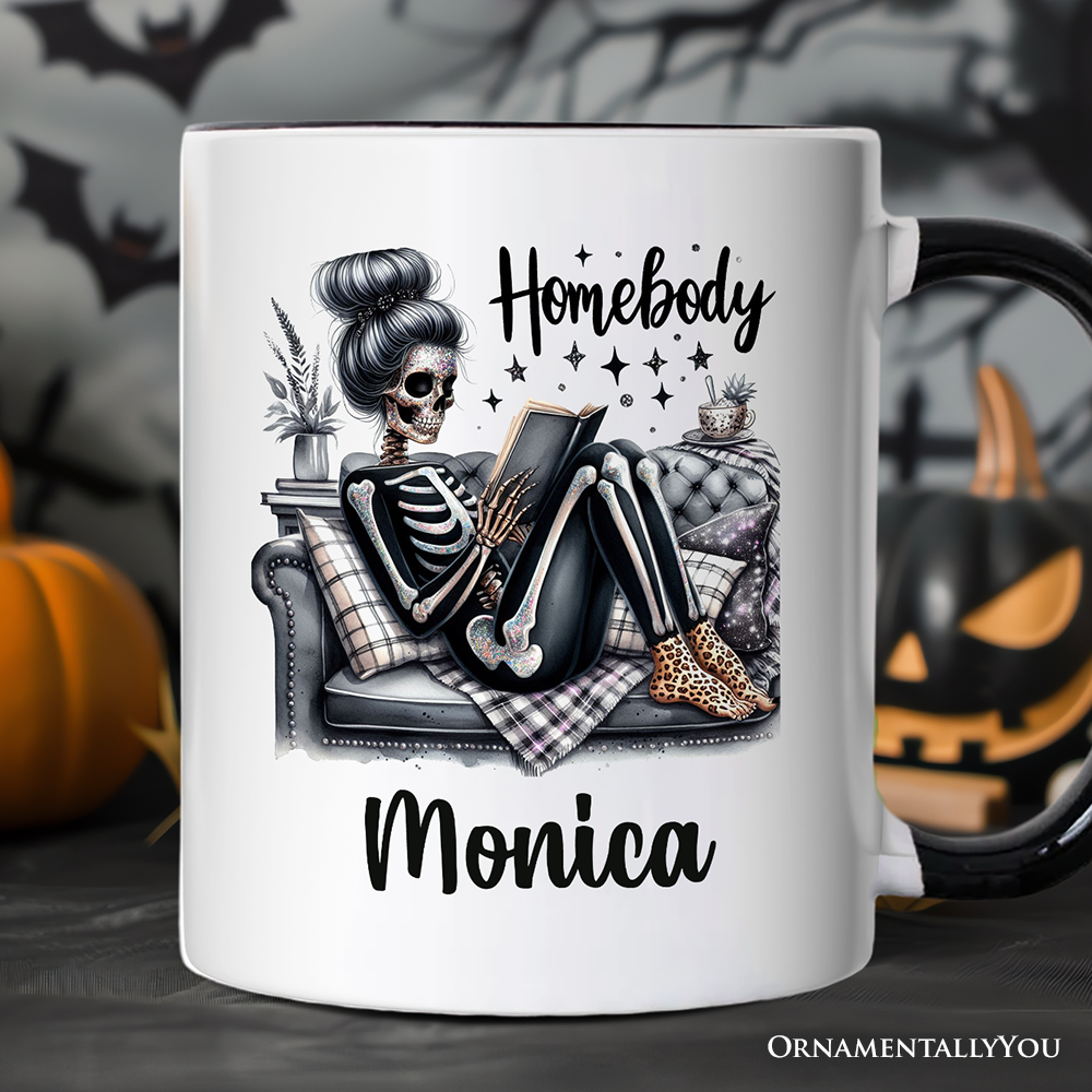 Homebody Reading Skeleton Personalized Mug, Funny Lazy Selfcare Gift with Custom Name