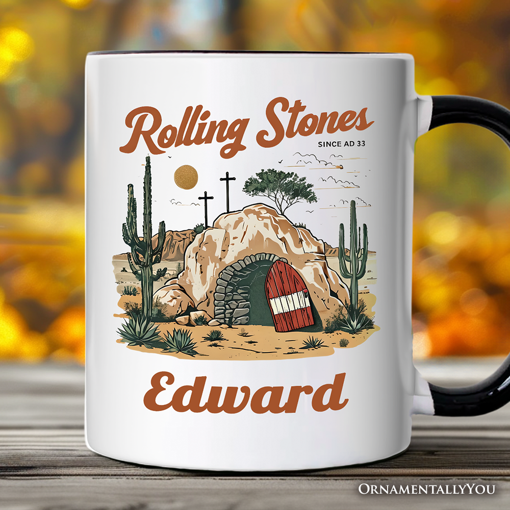 Rolling Stones Christian Personalized Mug, He is Risen Easter Gift with Custom Name