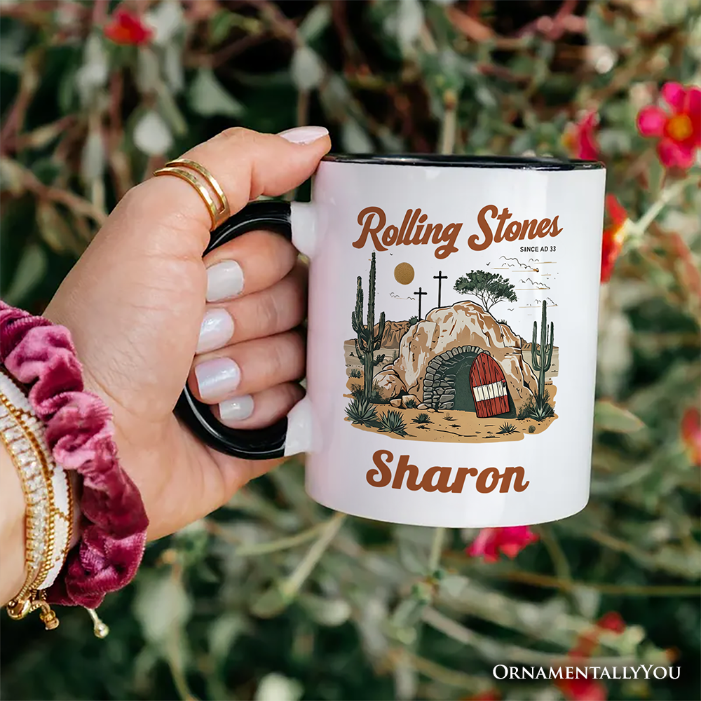 Rolling Stones Christian Personalized Mug, He is Risen Easter Gift with Custom Name