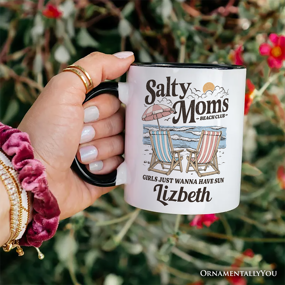 Salty Moms Beach Club Personalized Mug, Retro Summer Gift with Custom Name