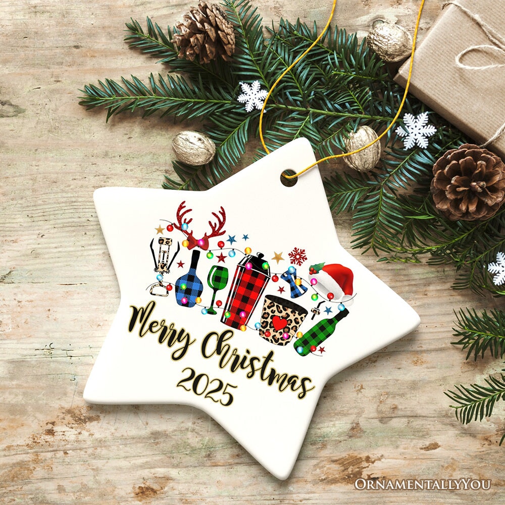 Personalized Bartender Buffalo Plaid Leopard Merry Christmas Ornament Gift