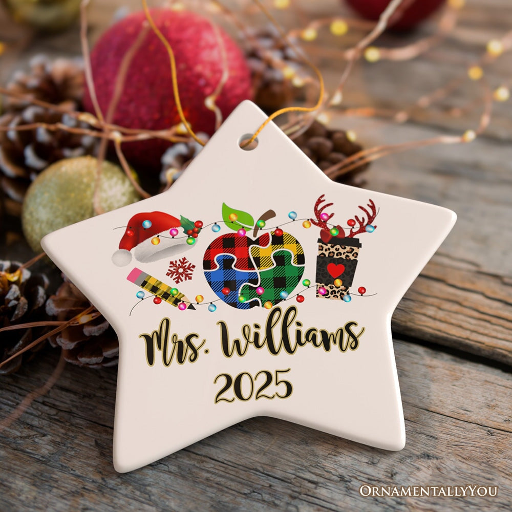 Personalized Autism Teacher Buffalo Plaid Leopard Merry Christmas Ornament, Thank You Gift