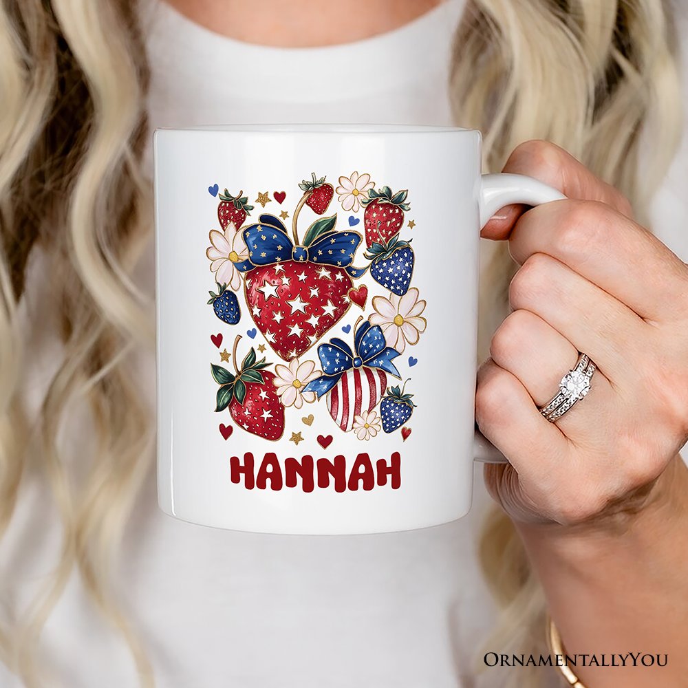 Patriotic Boho Strawberries Bouquet Personalized Mug, 4th of July Gift with Custom Name