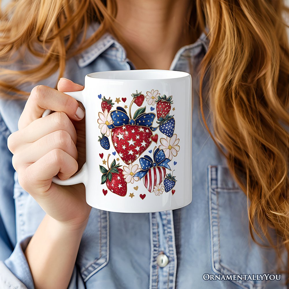 Patriotic Boho Strawberries Bouquet Personalized Mug, 4th of July Gift with Custom Name