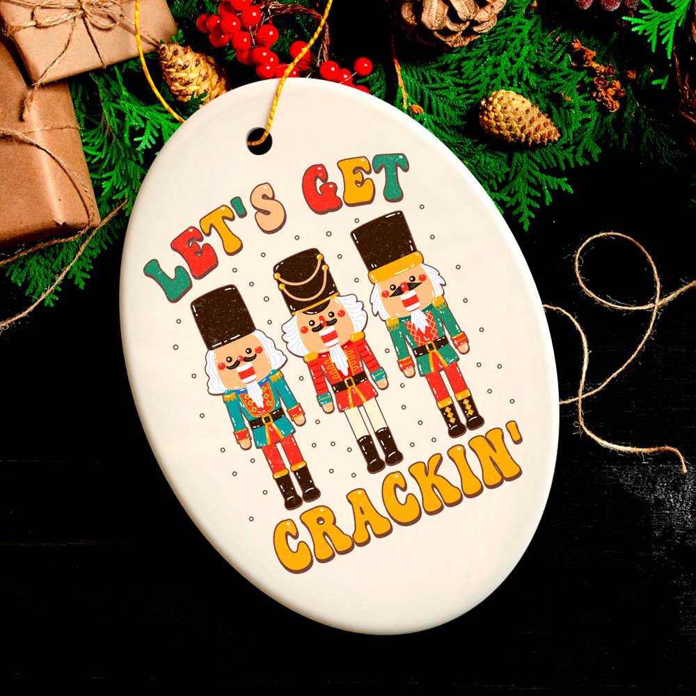 Groovy Let’s Get Crackin’ Retro Christmas Ornament with Nutcracker Art