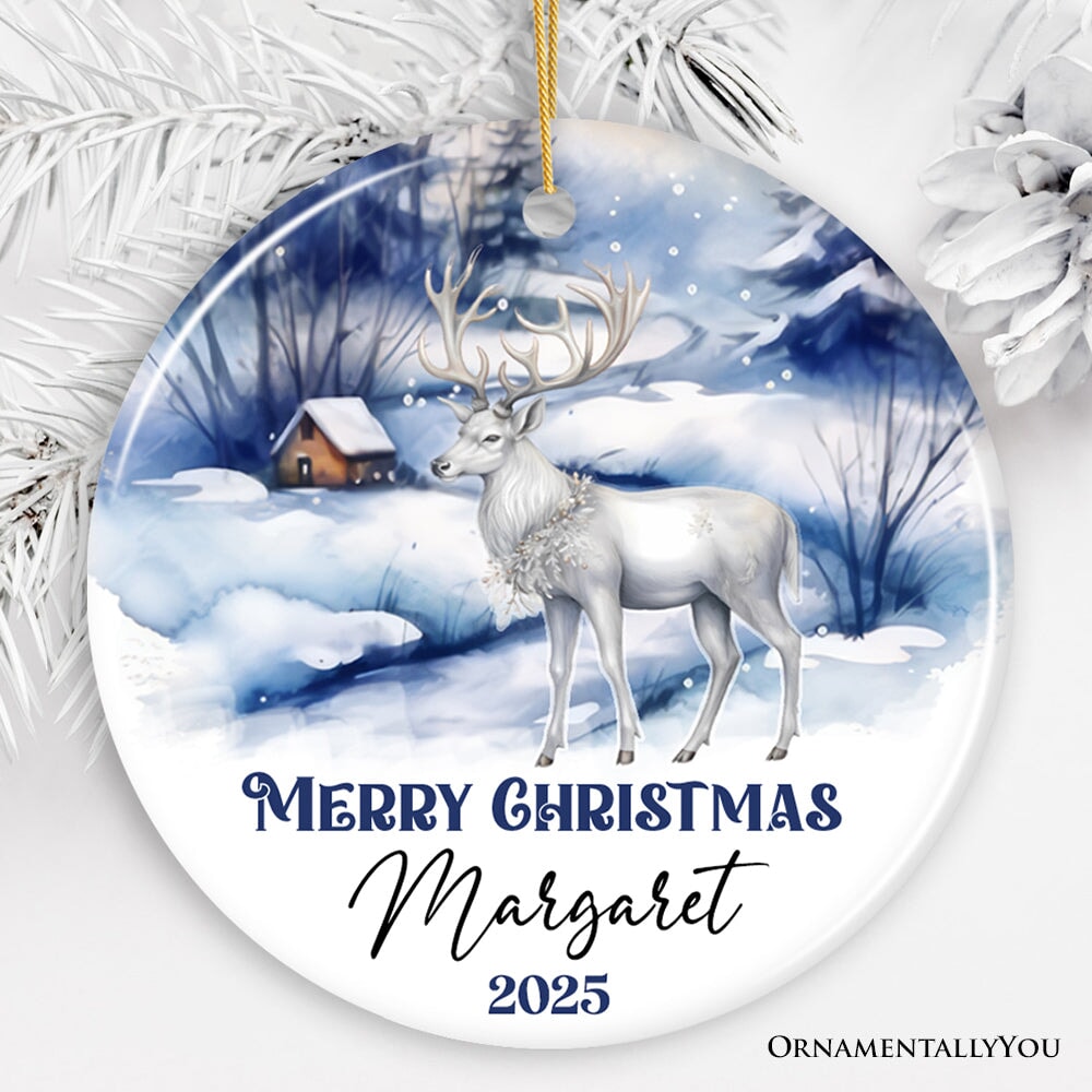 Winter Wonderland White Deer Personalized Ornament, Majestic Christmas Gift