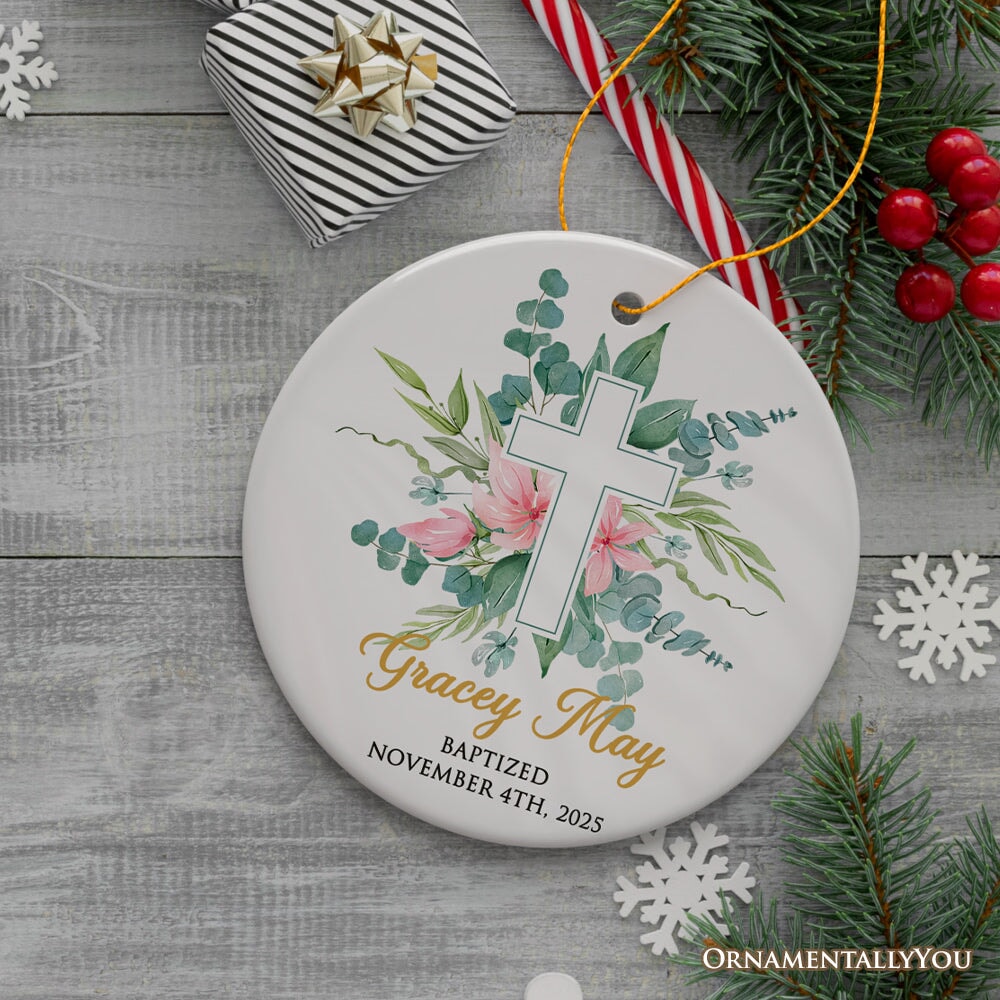 Baby Baptism Christening Custom Cross Ornament, Personalized Baptized Child with Flower Keepsake