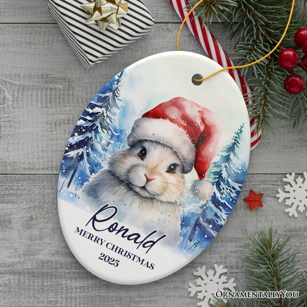 Cute Bunny with Santa Hat Personalized Ornament, Winter Forest Christmas Gift With Custom Name and Date