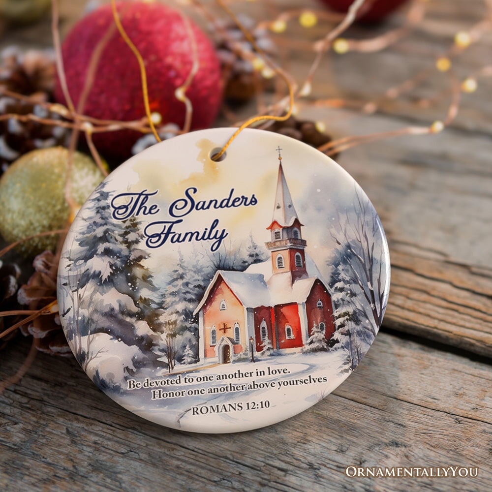 Winter Church Watercolor Art Personalized Ornament, Christmas Gift for Christian Family