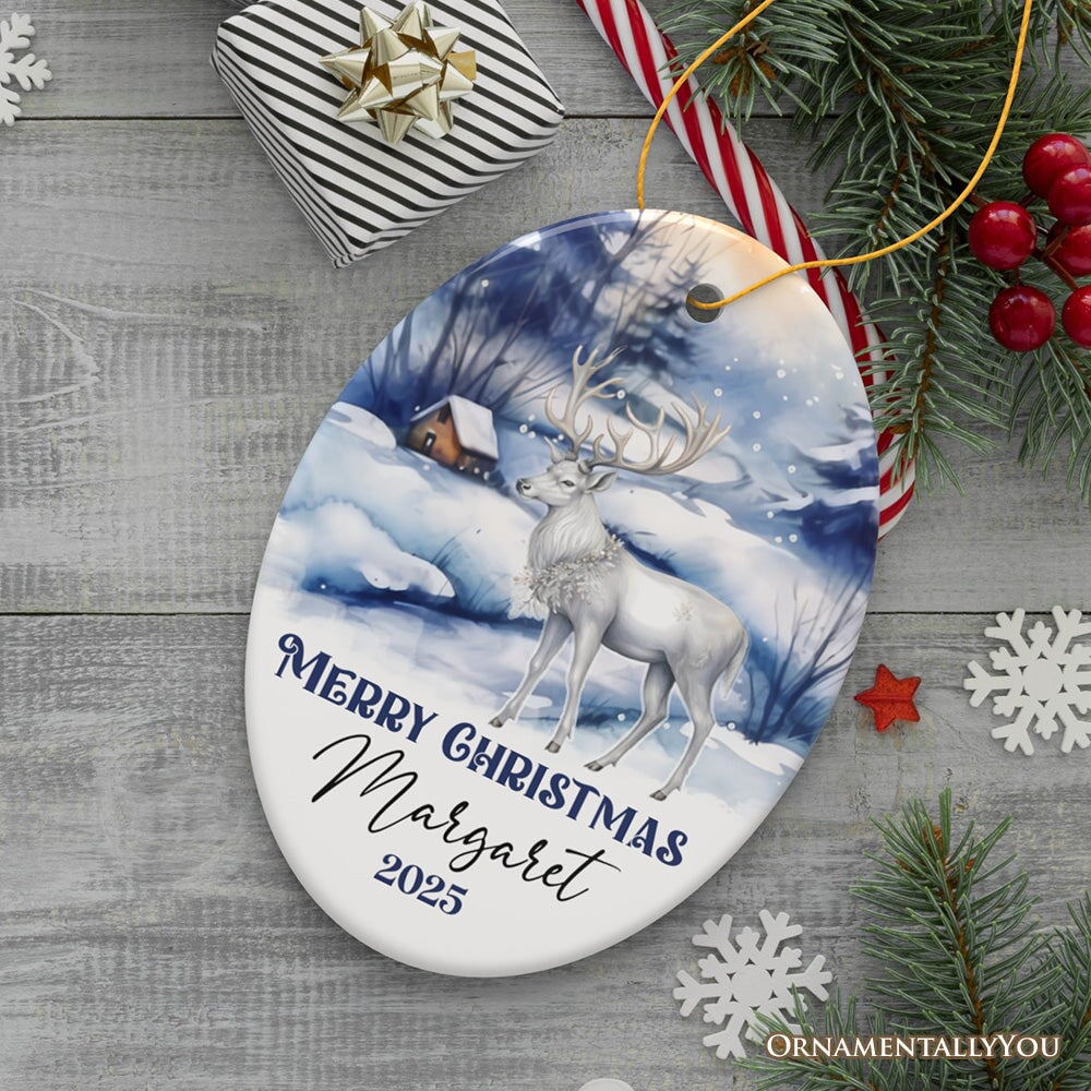 Winter Wonderland White Deer Personalized Ornament, Majestic Christmas Gift