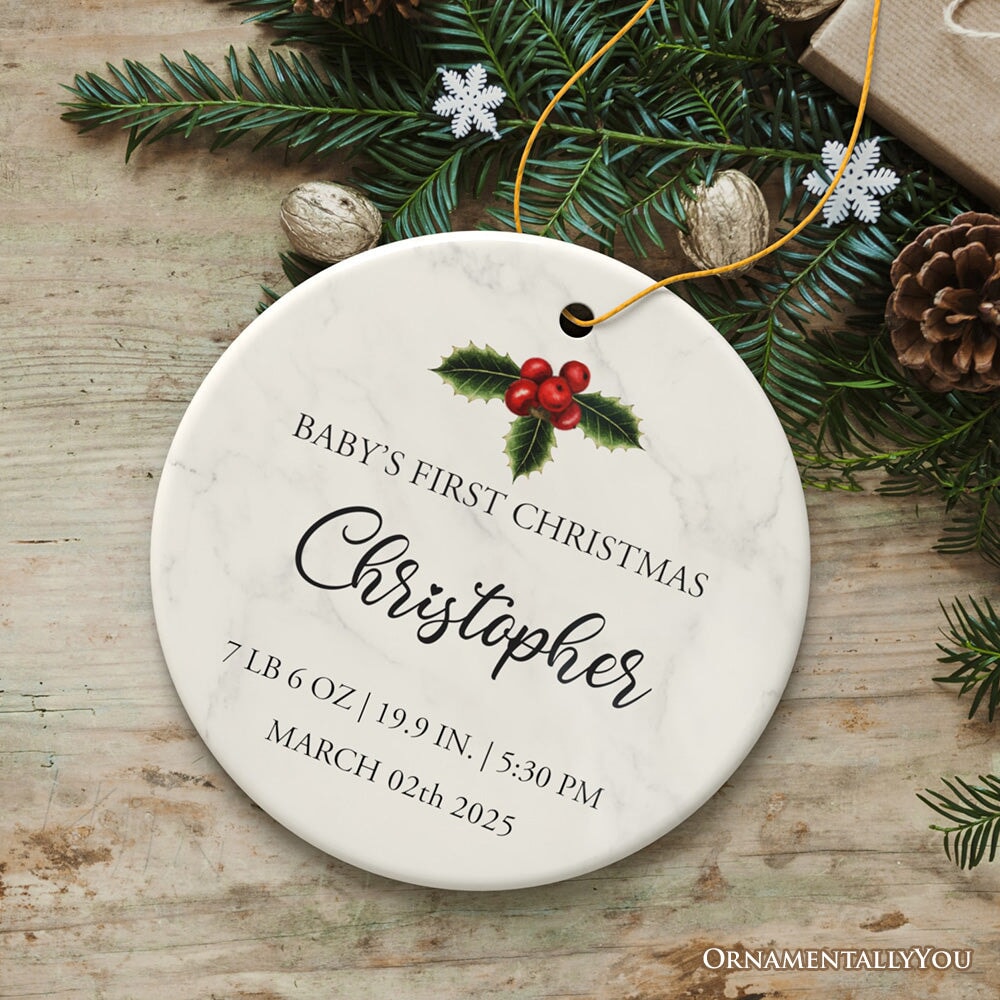 Minimalist First Baby Christmas Personalized Ornament with Date, Time, and Weight