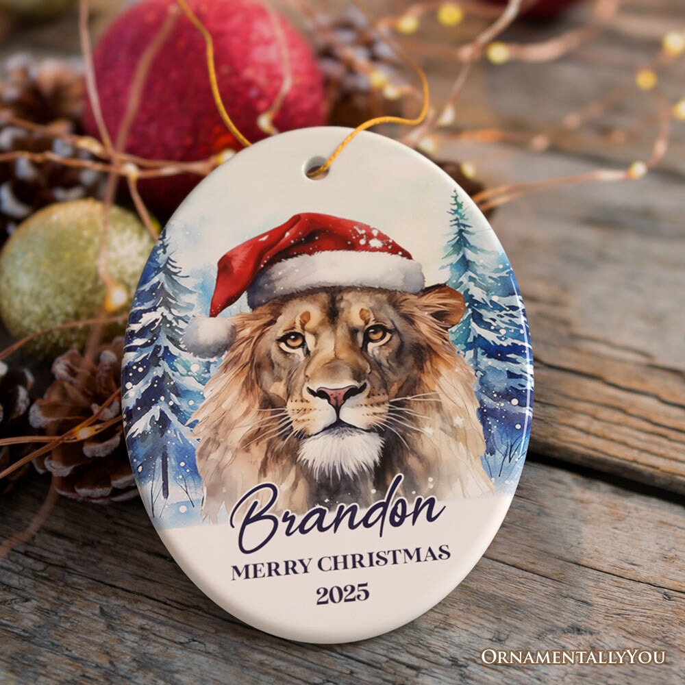 Lion with Santa Hat Personalized Ornament, Winter Forest Christmas Gift With Custom Name and Date