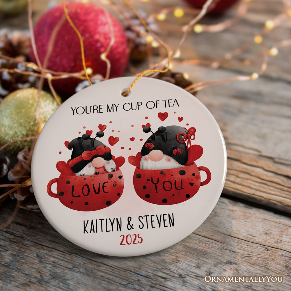 Valentine Gnome Personalized Ornament, You're my Cup of Tea, Custom Name Gift