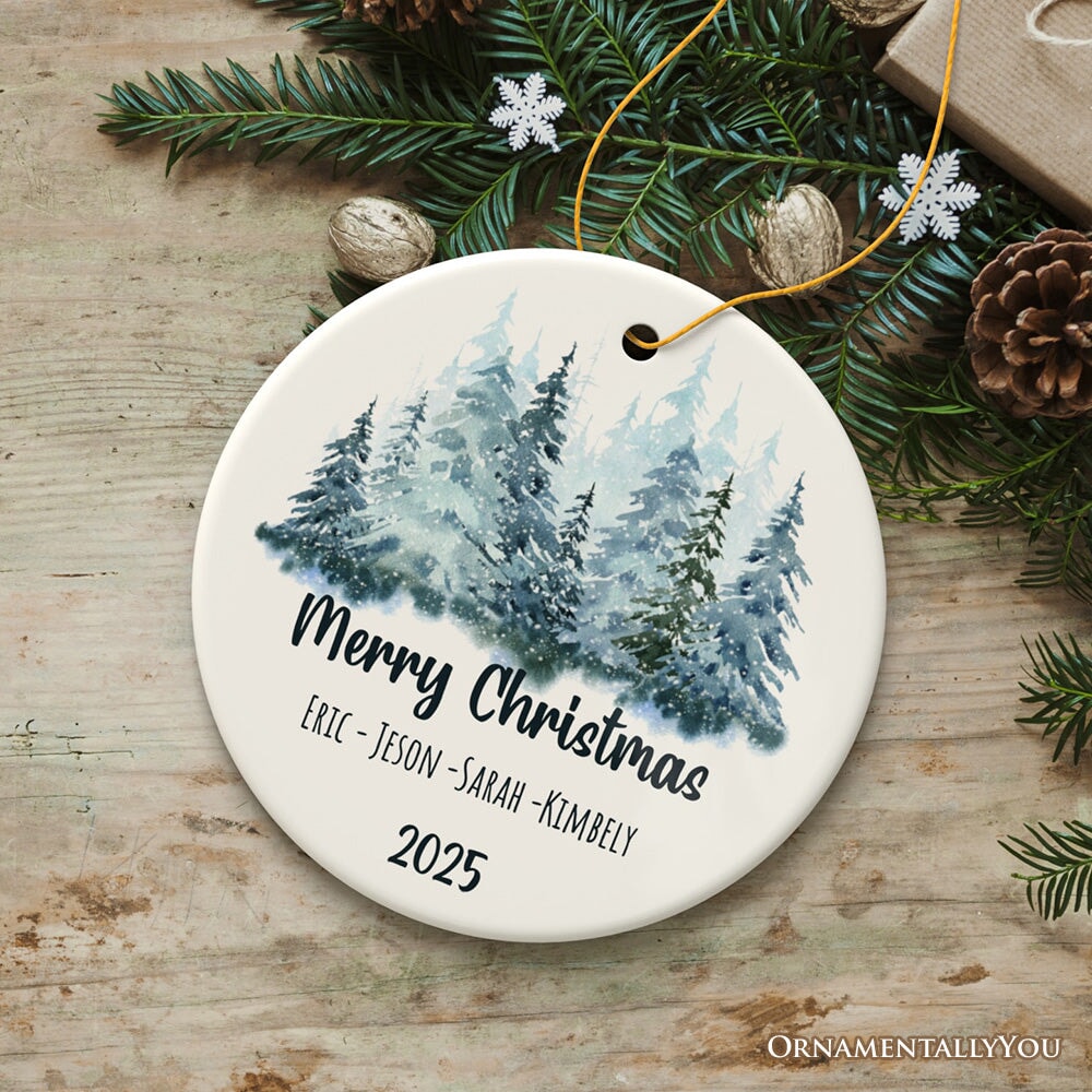 Personalized Family Keepsake Christmas Ornament, Watercolor Winter Forest Trees